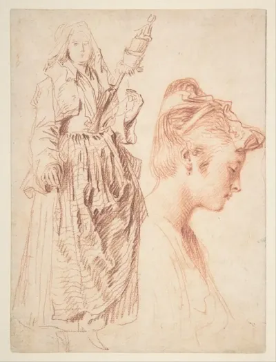 Standing Woman Holding A Spindle And Head Of A Woman In Profile To Right