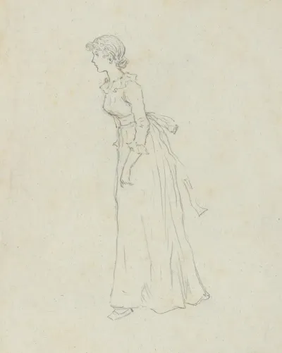 Standing Young Woman In Victorian Attire Seen In Profile