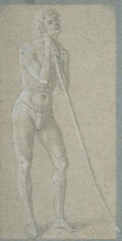 Standing Youth Leaning On A Long Staff