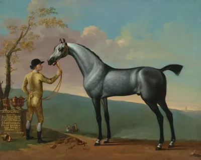 Starling A Grey Racehorse By Bay Bolton Held By A Groom In A Landscape
