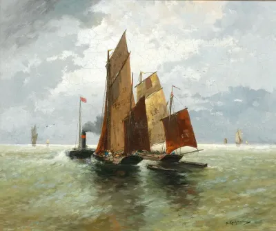 Steamboat And Fishing Boats At Sea
