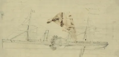 Steamship With Sidewheel And Two Masts