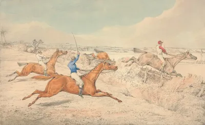 Steeplechasing Four Riders Taking A Ditch And An Oxer