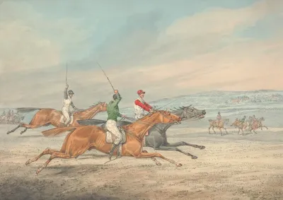Steeplechasing Three Riders Galloping To Right Mounted Spectators In Background