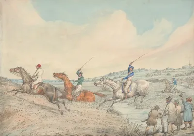 Steeplechasing Three Riders Taking A Brook Spectators On Right