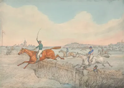 Steeplechasing Two Riders Taking A Wooden Fence