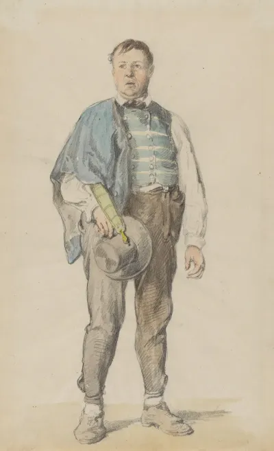 Stehender Bauer In Kinzigtaler Tracht Mit Hut Und Regenschirm Unter Dem Linken Arm