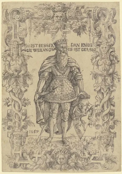 Stehender Konig Der Sich Mit Der Linken Auf Ein Greifenwappen Stutzt