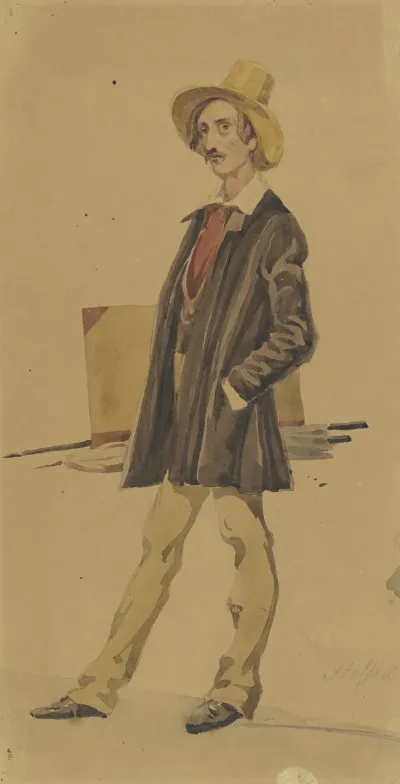 Stehender Maler Mit Malgerat Pinsel Mappe Schirm