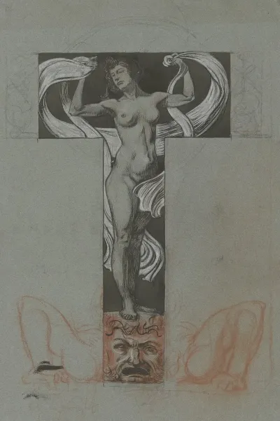 Stehender Weiblicher Akt Mit Ornamentaler Draperie
