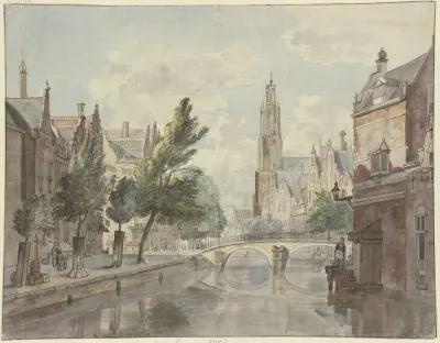 Steinbrucke Uber Einen Kanal Im Hintergrund Eine Kathedrale Rechts Am Haus Eine Laterne