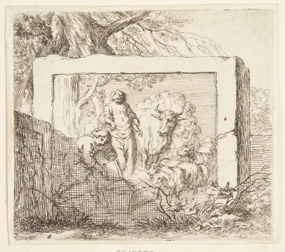 Stenblok Med Et Basrelief Forestillende En Hyrde Der Haelder Vand I Et Trug