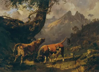 Stier Eine Kuh Verfolgend Im Hintergrund Landschaft Bei Carrara