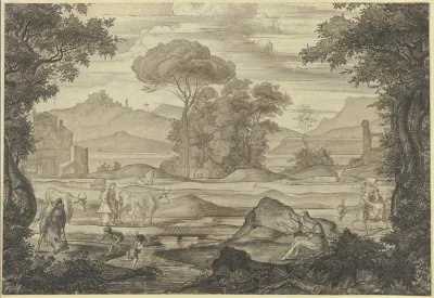 Stilisierte Italienische Landschaft Mit Figuren Und Vieh Im Vordergrund Eine Frau Mit Spinnrocken