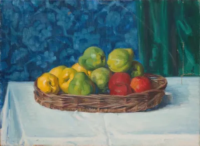 Still Life Basket With Fruit On A Table In Front Of A Curtain And Wallpaper