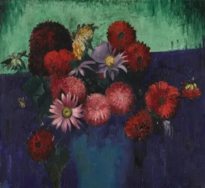 Still Life Dahlias And Daisies In A Blue Vase
