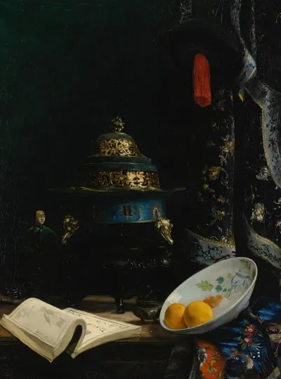 Still Life Featuring An 18th Century Chinese Censer Porcelain Enameled Dish And Qing Dynasty Courtiers Hat