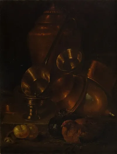 Still Life Hen With Brass And Copper Vessels