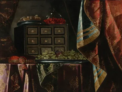 Still Life Of A Chest Fruit And Other Objects On A Brocade Draped Table