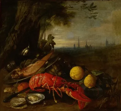 Still Life Of A Lobster Oysters And Lemons Beneath A Tree With A View Of Brussels Beyond