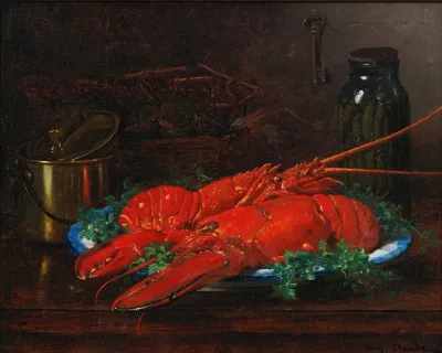 Still Life Of A Lobster With A Copper Pot On A Ledge