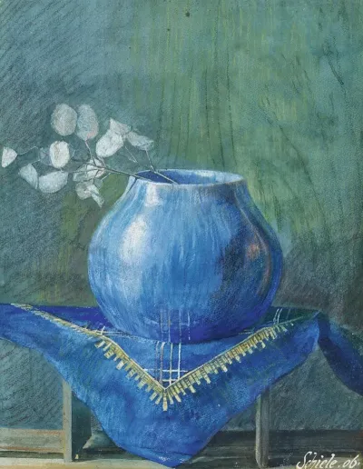 Still Life Of A Moneyplant Branch In Blue Vase