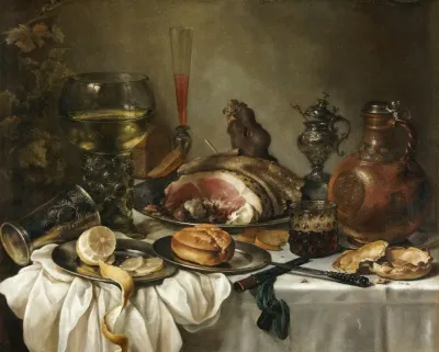 Still Life Of A Roemer An Earthenware Jug An Overturned Silver Beaker A Ham And Other Objects Arranged Upon A Draped Table Top