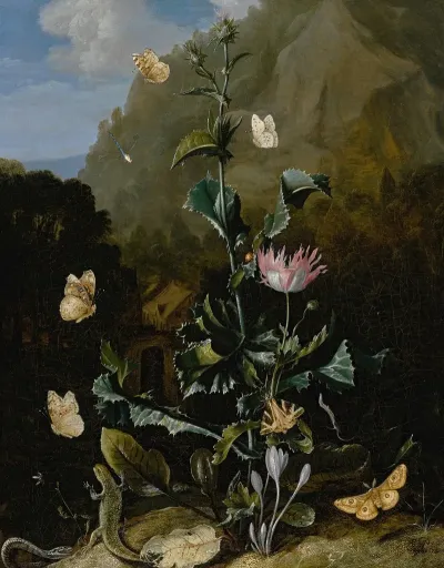 Still Life Of A Thistle And Other Flowers Surrounded By Moths A Dragonfly A Lizard And A Snake In A Landscape