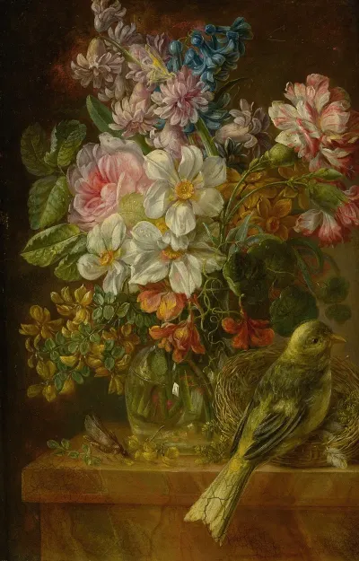 Still Life Of Flowers Bird And Grasshopper On A Ledge