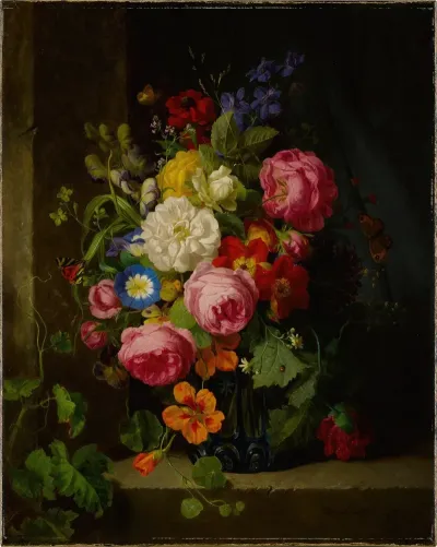 Still Life Of Flowers In A Blue Crystal Vase