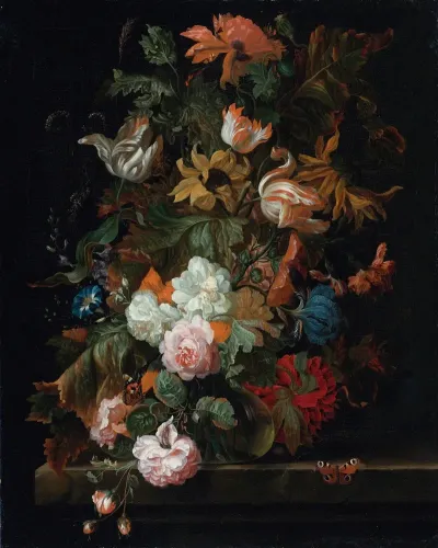 Still Life Of Flowers In A Glass Vase With A Butterfly All On A Ledge