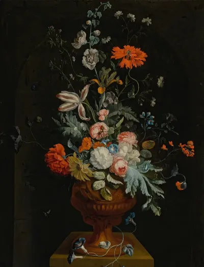 Still Life Of Flowers In A Terracotta Vase Before A Stone Niche