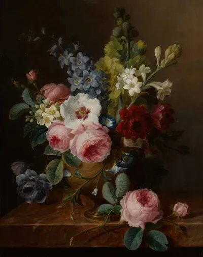 Still Life Of Flowers In A Vase On A Marble Ledge Including Roses Hibiscus Bellflowers Hollyhocks And Anenomes