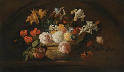 Still Life Of Flowers In A Vase On A Marble Shelf