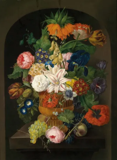 Still Life Of Flowers With Grapes