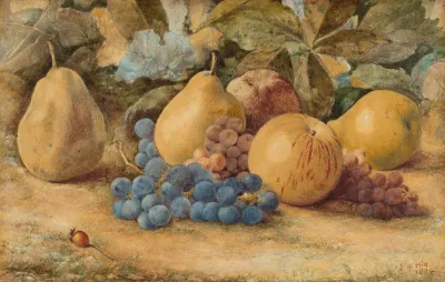 Still Life Of Fruit Apples Pears And Grapes On Ground 2