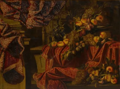 Still Life Of Fruit Set On A Ledge Draped With Brocade