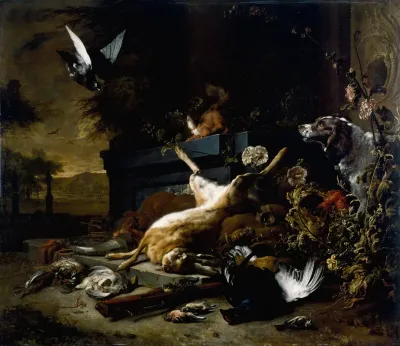 Still Life Of Game Including A Hare Black Grouse And Partridge A Spaniel Looking On With A Pigeon In Flight