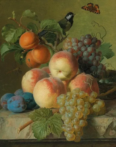 Still Life Of Peaches Grapes And Plums On A Stone Ledge With A Bird And A Butterfly