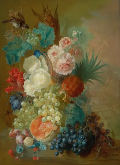 Still Life Of Peonies A Cocks Comb And Morning Glories With A Pineapple Ear Of Corn Melons Grapes Plums And Raspberries