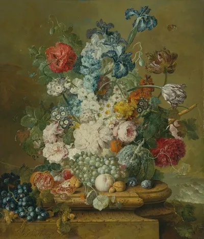 Still Life Of Peonies Primroses Irises Tulips A Poppy And Other Flowers With Grapes A Melon A Pomegranate Peaches Plums And Nuts