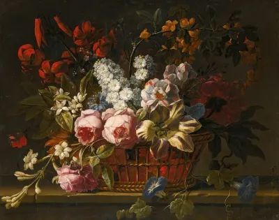Still Life Of Pink Roses Tulips Hyacinths Jasmine And Other Flowers Loosely Arranged In A Wicker Basket All Upon A Stone Ledge