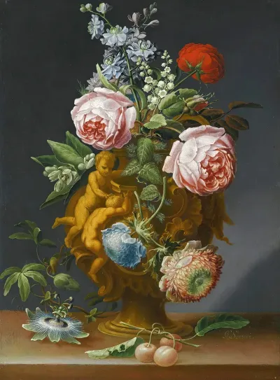 Still Life Of Roses And Other Flowers In An Antique Vase Decorated With Putti All Upon A Ledge