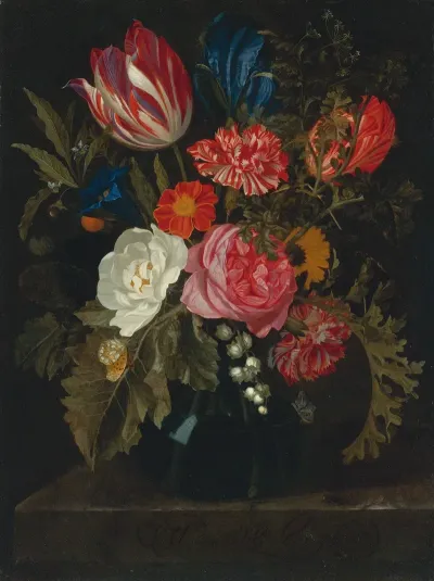 Still Life Of Roses Carnations A Tulip And Other Flowers In A Glass Vase