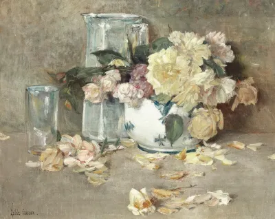 Still Life Of Roses Glass Pitcher And Bowl