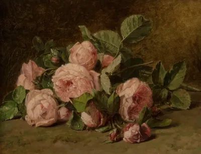 Still Life Of Roses On Mossy Ground