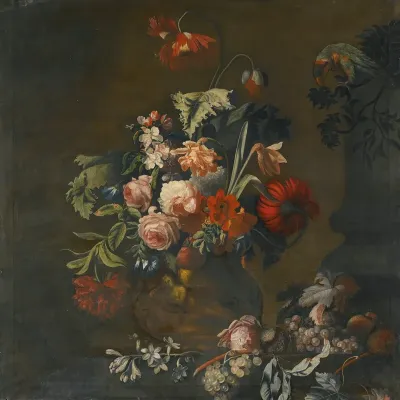 Still Life Of Roses Variegated Tulips Peonies And Other Flowers In A Sculpted Vase Together With Grapes And A Macaw