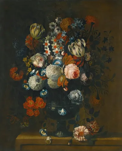 Still Life Of Roses Variegated Tulips Peonies Daffodils And Other Flowers In A Sculpted Vase