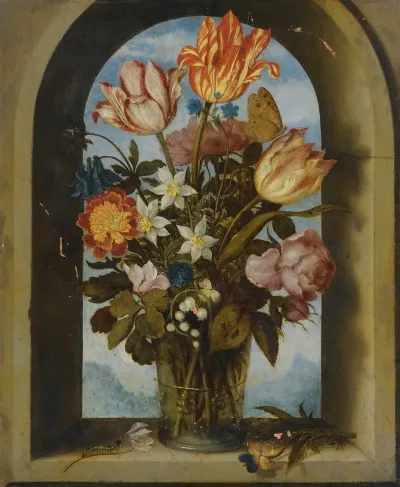 Still Life Of Tulips Moss Roses Lily Of The Valley And Other Flowers In A Glass Beaker Set In An Arched Stone Window Opening