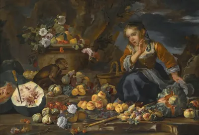 Still Life Of Watermelons Apples Figs Pomegranates Flowers And Peaches With A Young Girl Startled By A Monkey